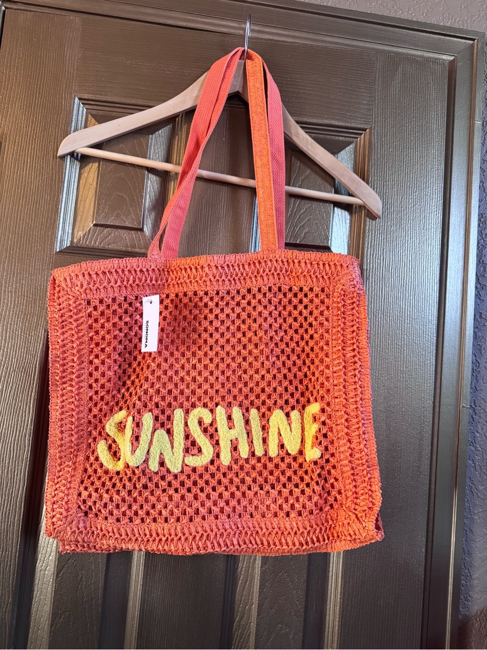 Sonoma Orange Crochet Tote with Yellow 'SUNSHINE' Lettering